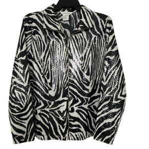 Misook Paillette Black & White Animal Print Shimmer Full Zip Shirt/Jacket Med